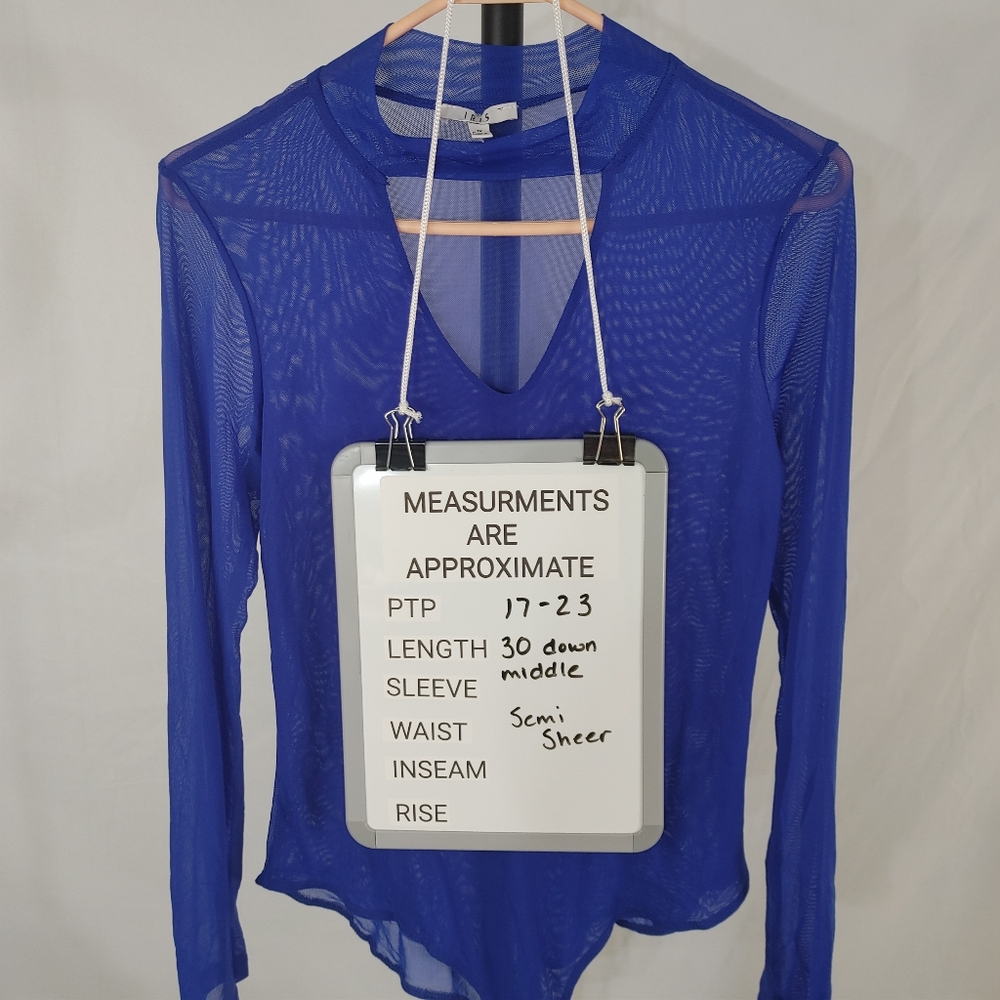 Iris Blue Sheer Mesh Bodysuit 1X Long Sleeve V Neck Stretch Y2K Clubwear Top - Picture 11 of 12